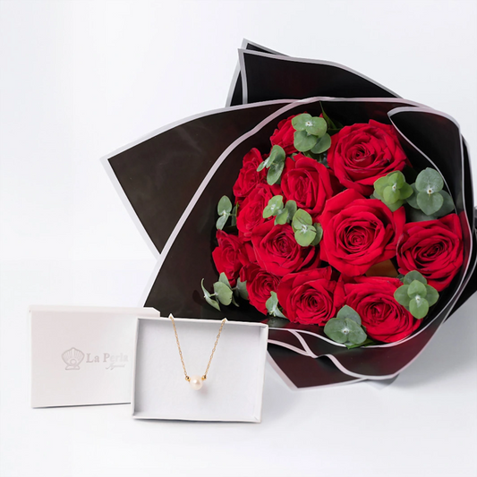 Collar Perla Cultiva con Rosas Rojas