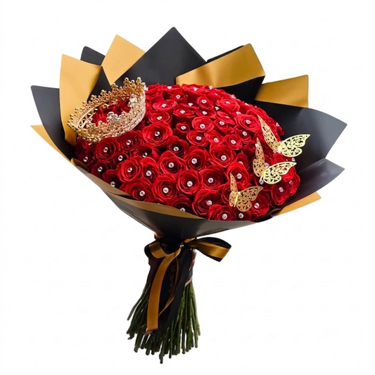 Ramo de 100 rosas con diamantes, mariposas y corona