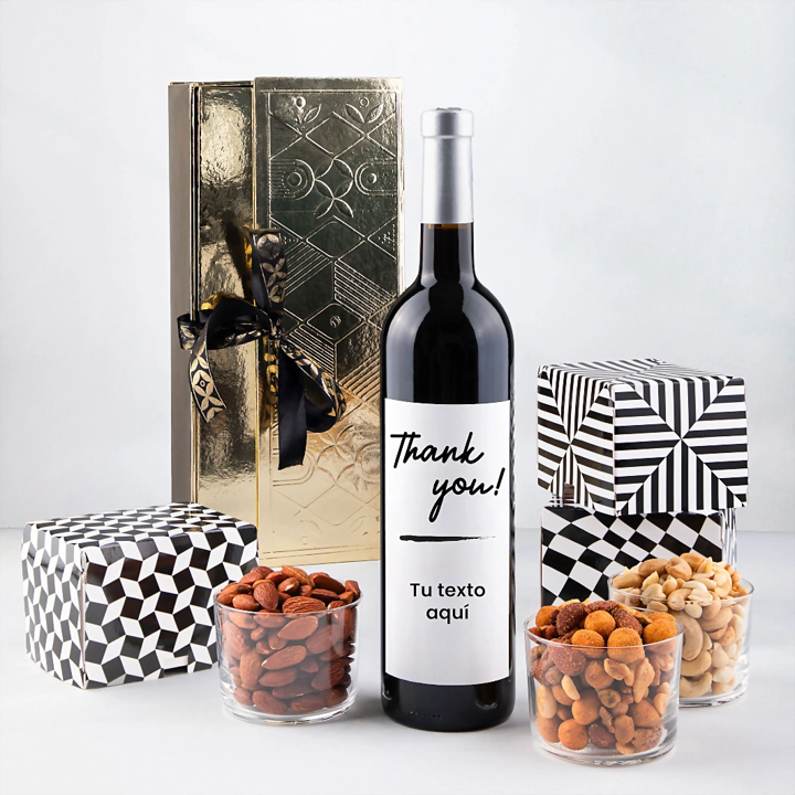 Personaliza Vino tinto con etiqueta "Thank you" y botanas