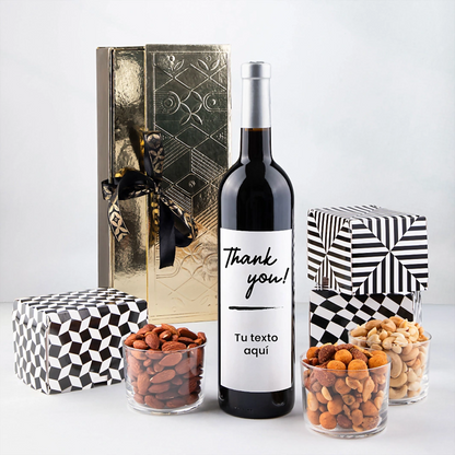 Personaliza Vino tinto con etiqueta "Thank you" y botanas